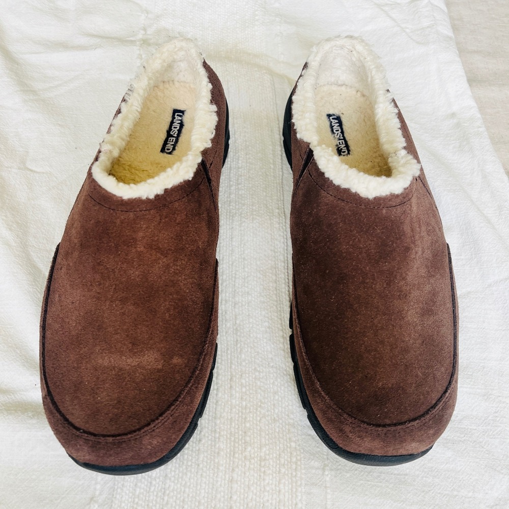 Lands End Womens Brown Suede Fleece Lined Slip On Clogs Wide Width 9.5 B